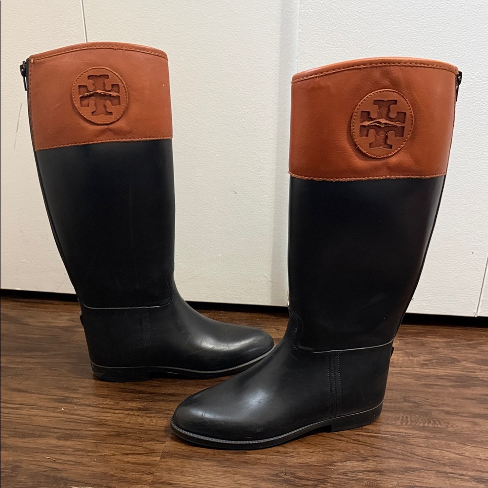 Tory Burch Black and Tan Riding Rain Boots